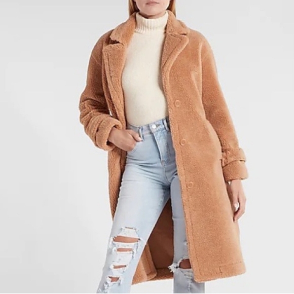 Express Tan Teddy Faux Shearling Long 3-Button Front Cozy Warm Winter‎ Coat
